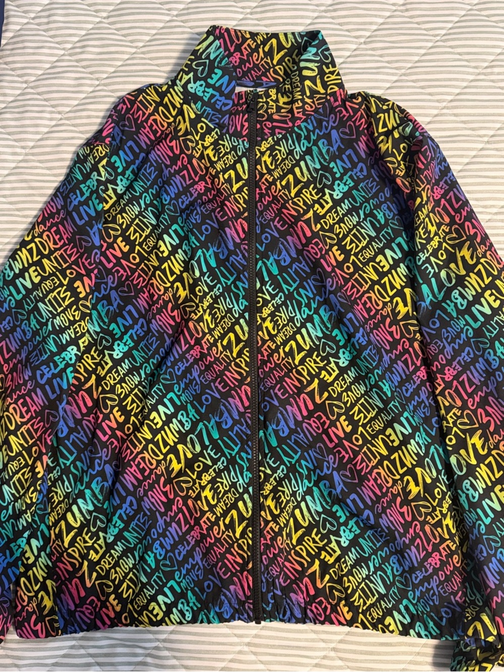 Unisex Zumba Fitness Multicolor Script Puffer Jacket